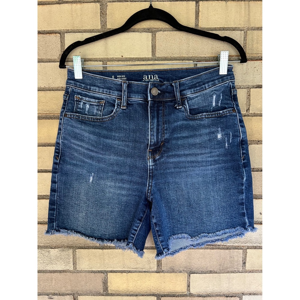 ANA High Rise Midi Denim Shorts Dark Wash Distressed Size 8